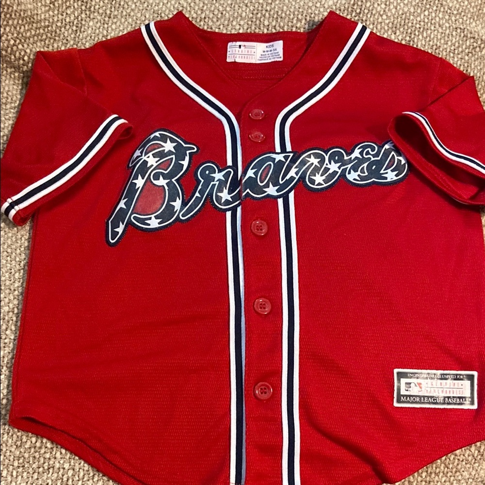 Genuine  Braves Merchandise Red Baseball Jersey with Contrasting Trim